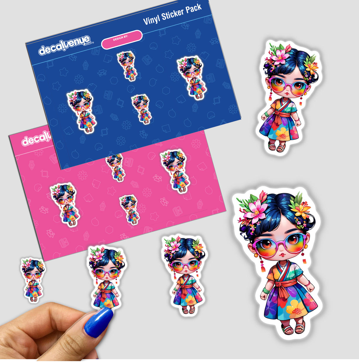 Japanese Girl Sticker - Glasses and Kimono features a cartoon girl with glasses and flowers in her hair, perfect for decorating surfaces.