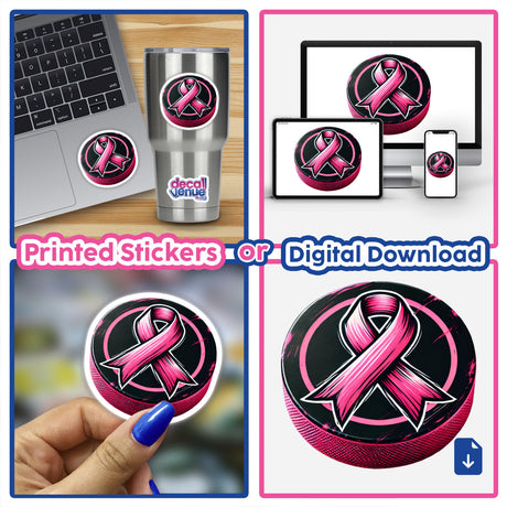 Hockey Puck Pink Ribbon Breast Cancer: Collage featuring a laptop, cup, and hockey puck, all adorned with pink ribbons, symbolizing breast cancer awareness. Available as stickers or digital artwork.