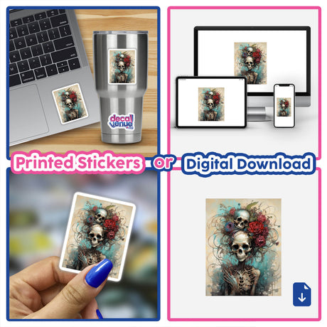 Beautiful Bones stickers featuring intricate designs of skulls and flowers displayed on a laptop, emphasizing the detailed and artistic elements.