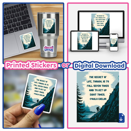 Inspirational motivational quote clipart Fall Seven Times Get Up Eight by Paulo Coelho on a laptop, available as stickers or digital artwork.