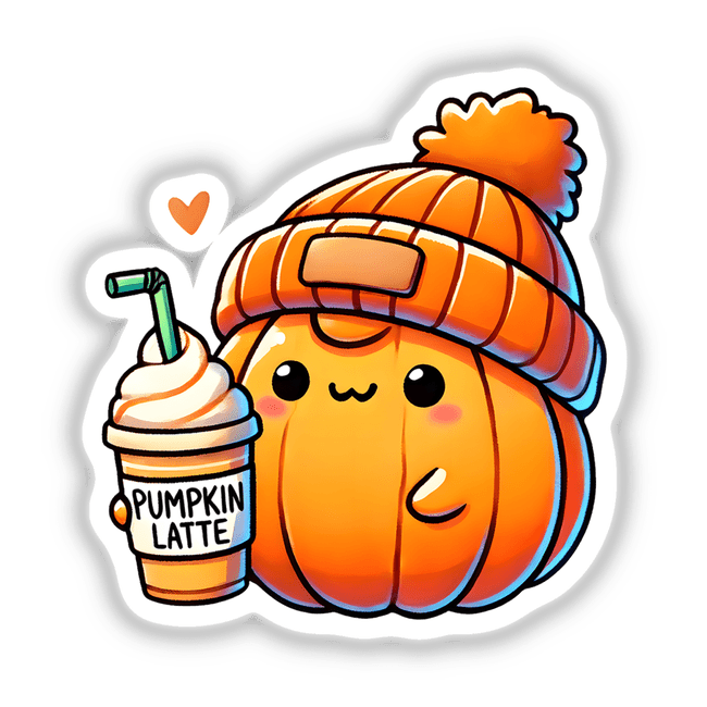 Cute Pumpkin with hat and coffee cartoon, available as stickers or digital artwork from Decal Venue.