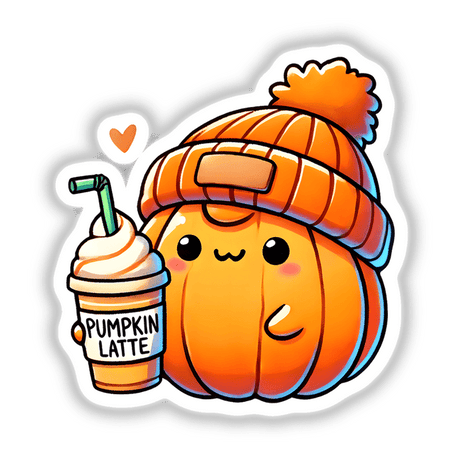 Cute Pumpkin with hat and coffee cartoon, available as stickers or digital artwork from Decal Venue.