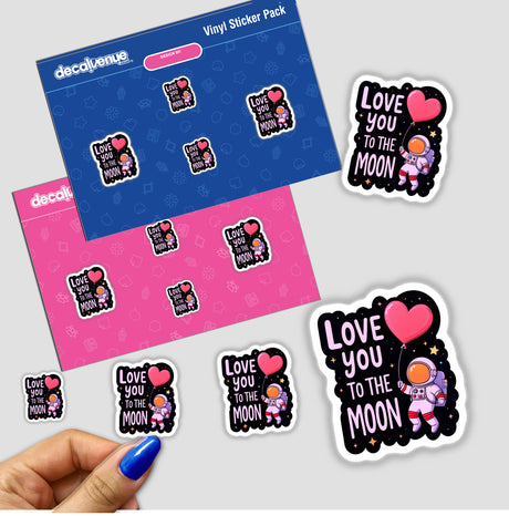 Love You To The Moon sticker featuring an astronaut holding a heart balloon, displayed with additional stickers and envelopes, embodying Decal Venue's unique vinyl sticker offerings.