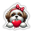 Peeking Shih Tzu Dog with Heart: Cartoon-style Shih Tzu dog playfully holding a heart, available as stickers or digital artwork from Decal Venue.