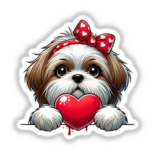 Peeking Shih Tzu Dog with Heart: Cartoon-style Shih Tzu dog playfully holding a heart, available as stickers or digital artwork from Decal Venue.