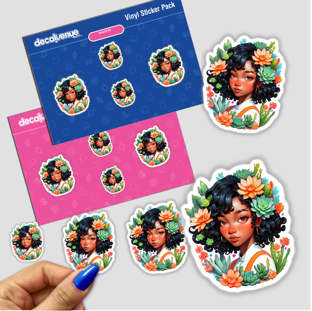 Diverse Beauty Sticker | Afro-Korean Portrait with Succulent Plants: Cartoon woman adorned with flowers in her hair, available as stickers or digital artwork, highlighting unique beauty.