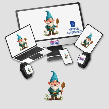 Whimsical Garden Gnome Illustration - Stickers or Commercial Rights Download shown on a computer monitor and laptop screen.