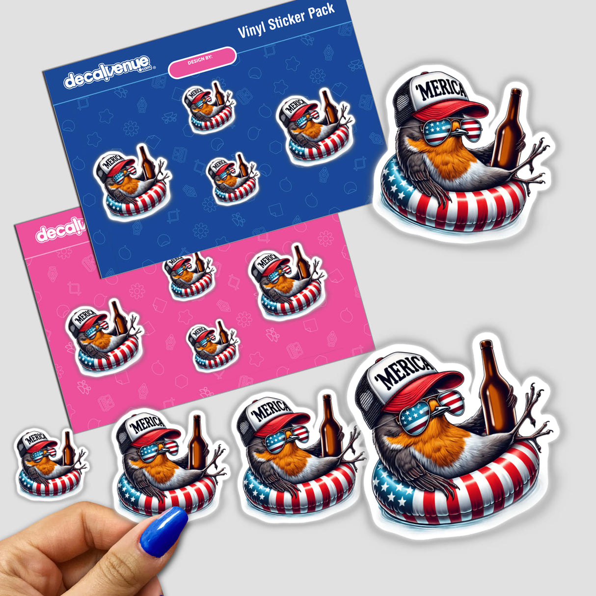 Colorful Robin Bird American Flag Float Merica - Patriotic digital sticker pack featuring a playful robin bird character wrapped in the American flag, available from DecalVenue's online store.