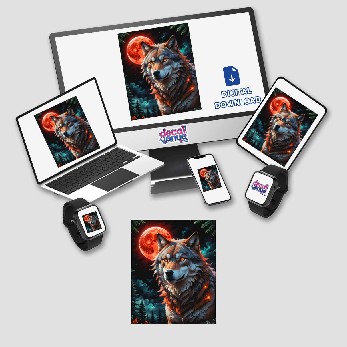 A digital artwork titled A Wolf In The Night With A Blood Moon displayed on various devices, showcasing a wolf, available as stickers or digital art from Decal Venue.