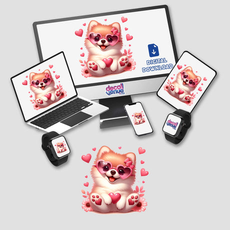 Happy in Love Pomeranian Dog featured on a laptop screen, wearing pink heart-shaped sunglasses, available as unique stickers or digital artwork from Decal Venue.