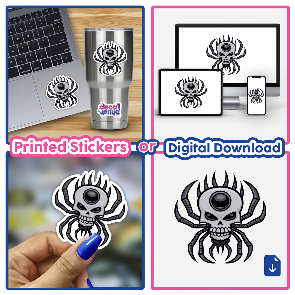 Collage of Skull Spider stickers and digital download, featuring designs on a laptop, cup, and more. Available as a sticker pack or single stickers from Decal Venue.