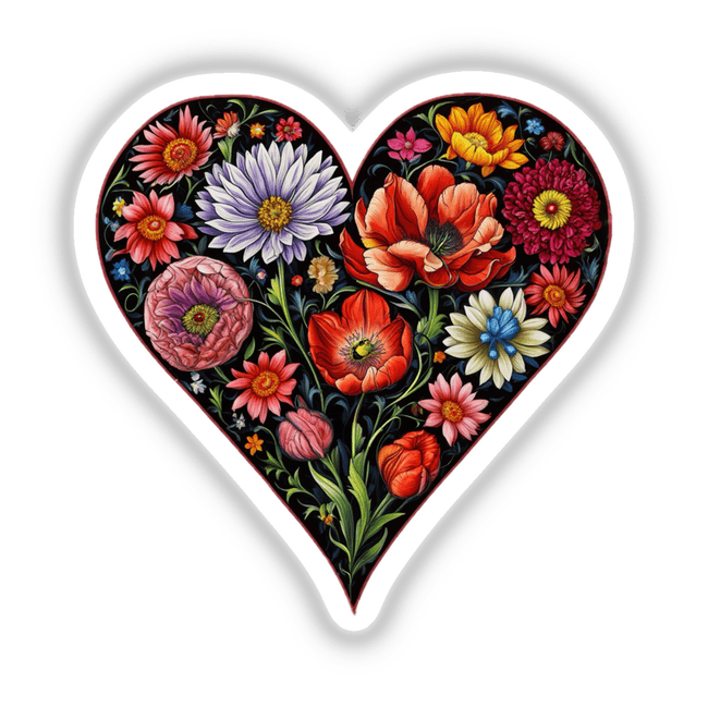 Colorful Heart with Vibrant Flowers as a heart-shaped floral art piece, available as stickers or digital artwork, showcasing intricate flower designs, reflecting Decal Venue's unique vinyl and digital art offerings.