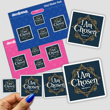 Hand holding 'I Am Chosen - Ephesians 1:4' Christian faith-based sticker pack, available as stickers or digital artwork with commercial rights, highlighting unique design elements.