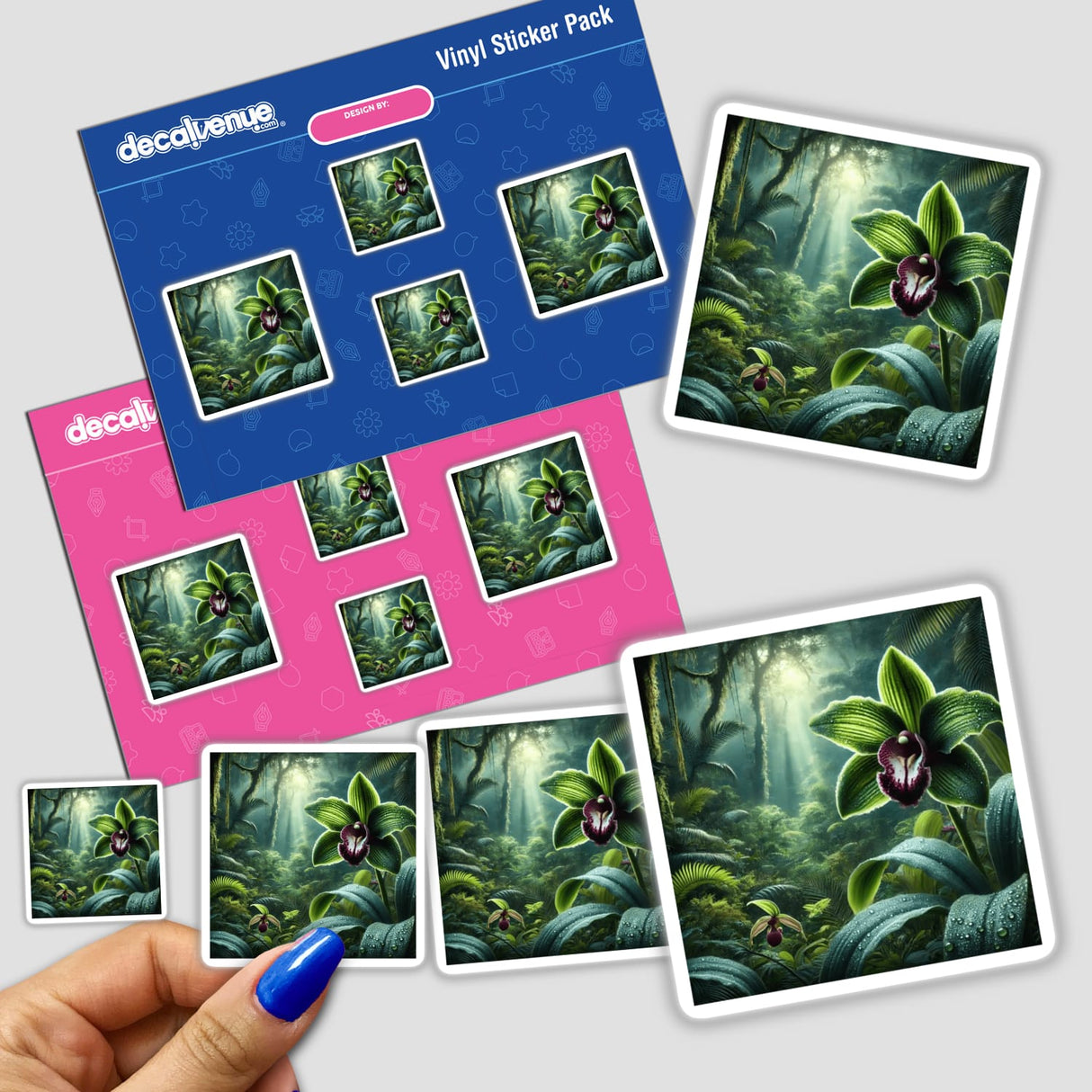 Hand holding the Emerald Orchid - Lush Rainforest Beauty sticker pack, featuring detailed plant designs and close-ups of flowers.