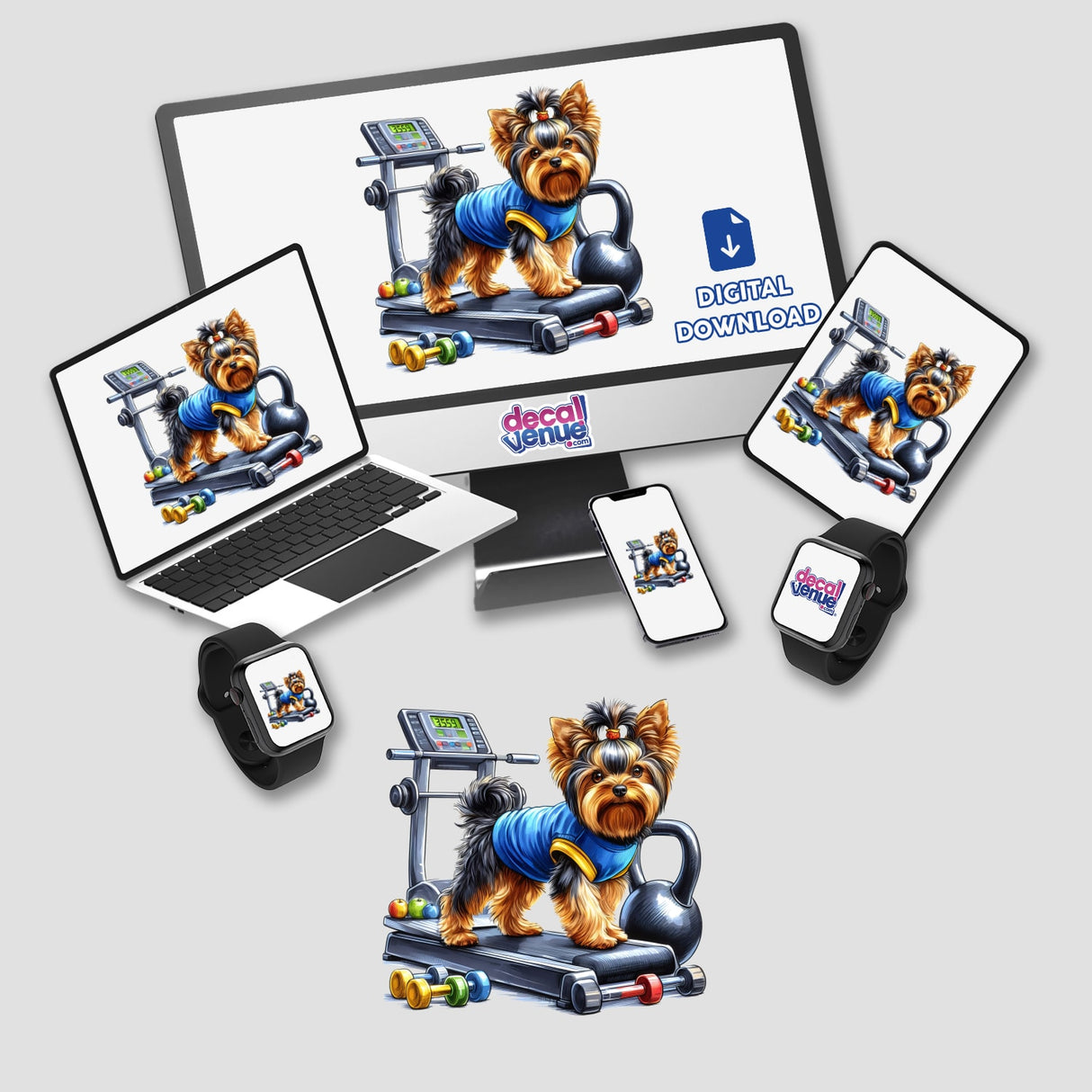 Adorable Yorkshire Terrier dog in workout gear on a treadmill, digital artwork by Ella Designz, featured on various digital devices for Decal Venue store.