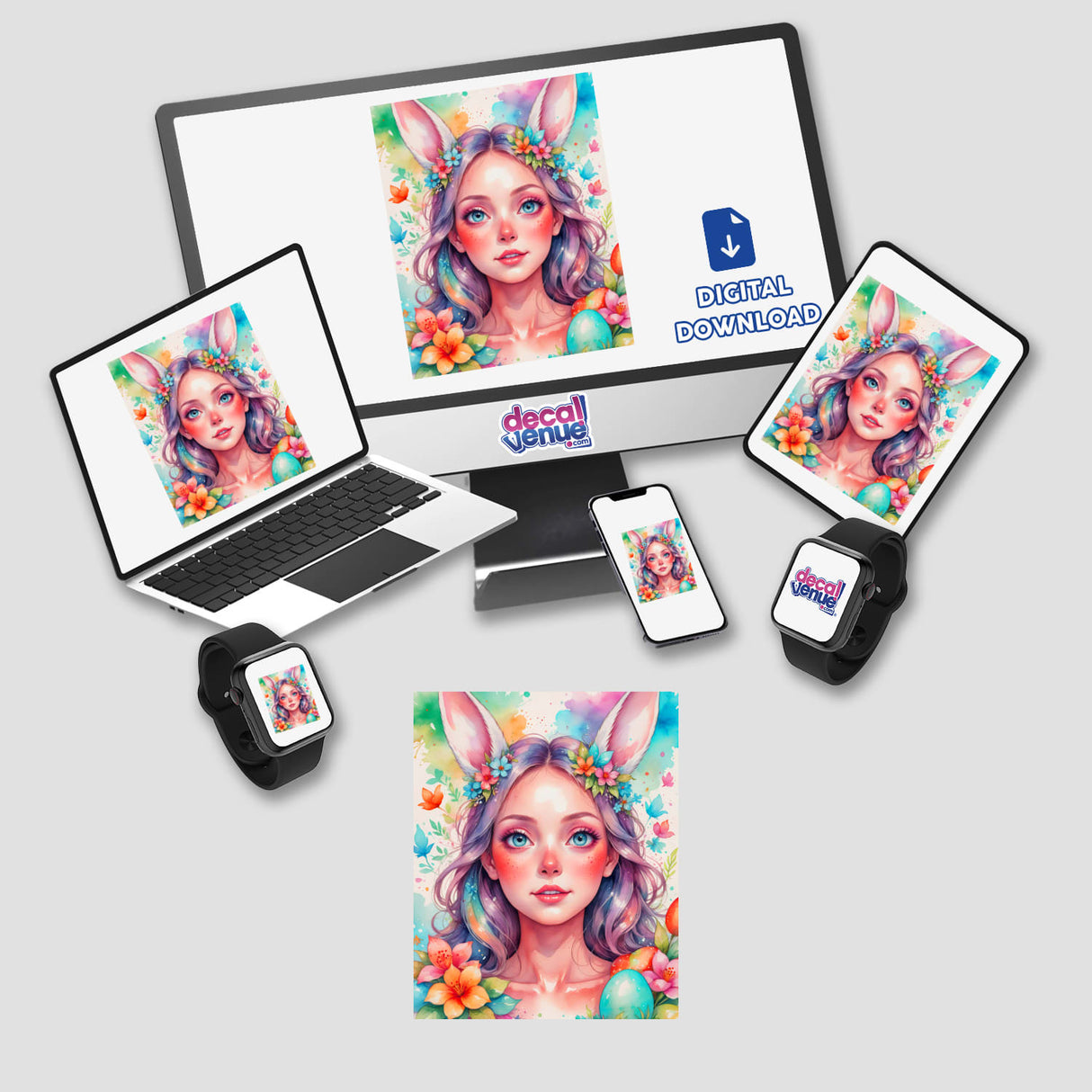 Cute Easter Bunny Girl artwork displayed on gadgets, highlighting a whimsical bunny-ears design, perfect for vibrant stickers and digital art, adding charm to seasonal decor.