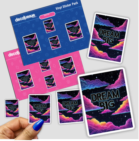 Hand displaying Dream Big with Neon Cosmic Clouds sticker pack, featuring vibrant cloud and star designs, available as stickers or digital artwork.