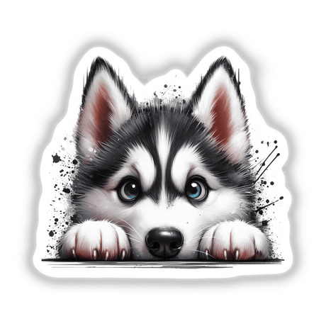 Peeking Husky Dog Splatter: A detailed close-up artwork of a husky's eyes and nose, available as unique stickers or digital artwork, showcasing the husky's attentive expression.