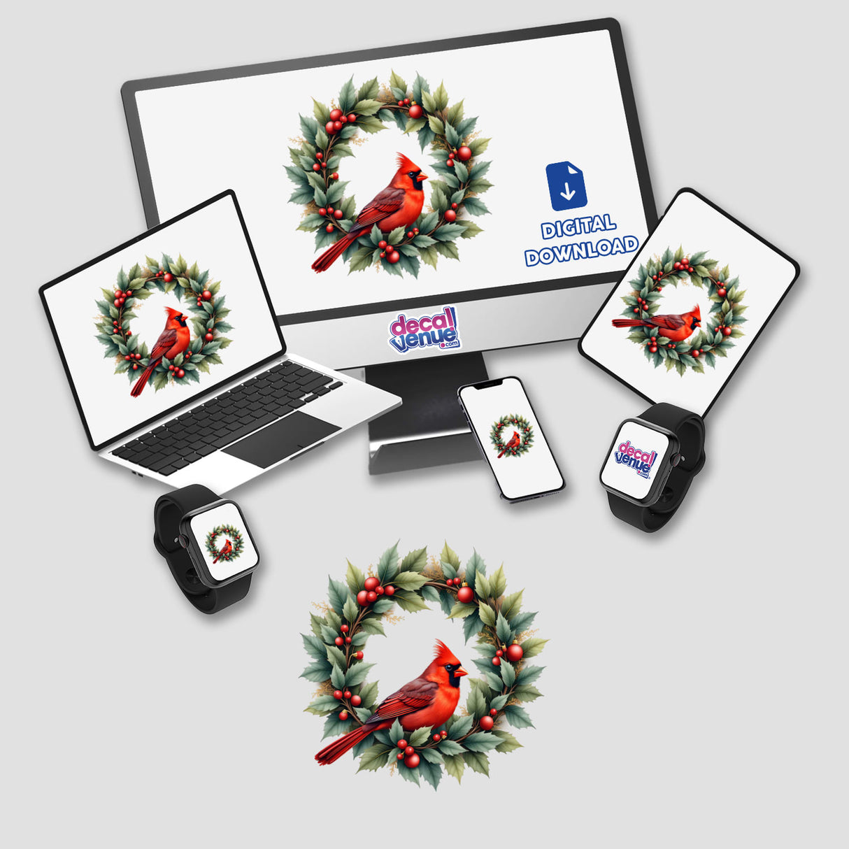 Red Cardinal Bird in a Christmas Wreath displayed on a computer monitor and laptop, depicting the digital artwork available as stickers or digital downloads from Decal Venue.