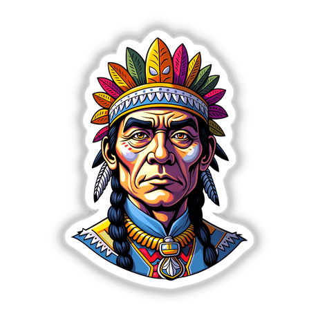 A Native American Warrior Chief cartoon illustration featuring a colorful headdress, available as stickers or digital artwork.