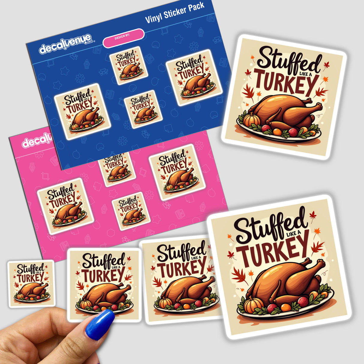 ‘Stuffed Like a Turkey’ Funny Thanksgiving Sticker pack featuring cartoon turkeys on plates, ideal for holiday decor. Available as stickers or digital artwork from Decal Venue.