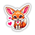 Cute Fennec Fox with Love Hearts as a cartoon, showcasing its distinctive ears and tail. Available as stickers or digital artwork, perfect for fans of charming animal illustrations.