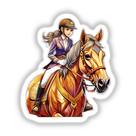 Equestrian rider on a golden horse, digital illustration featuring a confident woman in riding gear.