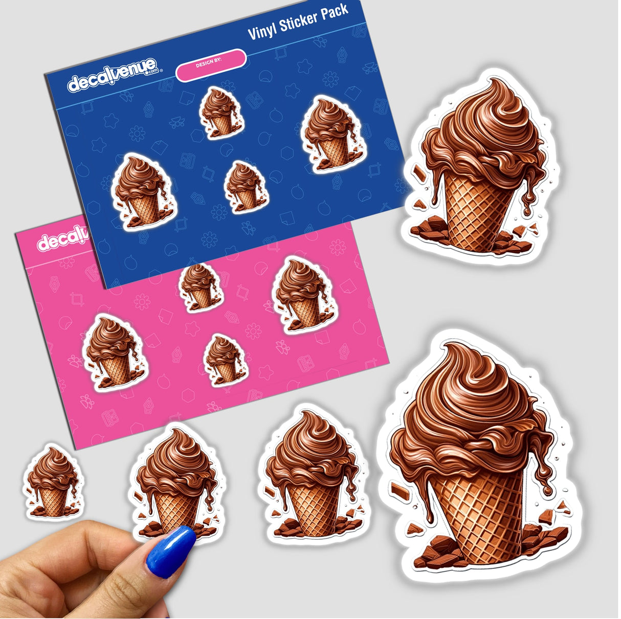 Tasty chocolate ice cream cone stickers with detailed designs, perfect for expressing your love of sweet treats on any surface.