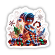 Luminous Elf Christmas: A cartoon elf character sitting atop a pile of colorful Christmas ornaments. Available as stickers or digital artwork.