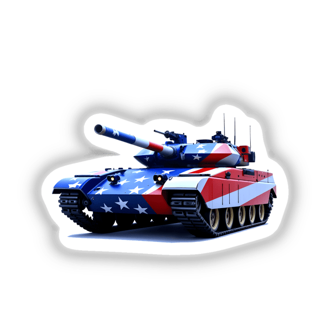 A Cool American Flag Army Tank sticker or digital artwork depicting a tank adorned with stars and stripes, reflecting patriotic themes, available from Decal Venue's unique collection.