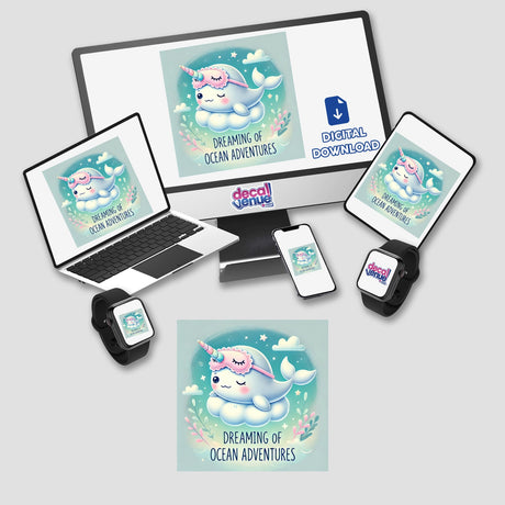 Napping Narwhal - Dreaming of ocean adventures displayed on a computer monitor and laptop, featuring a cartoon whale with a unicorn horn, available as unique stickers or digital artwork at Decal Venue.