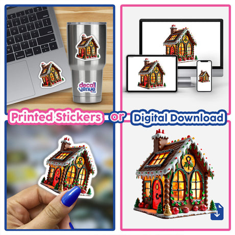 Gingerbread House Stained Glass Style collage featuring intricate sticker designs and digital download options, showcasing whimsical gingerbread houses with lights, available at Decal Venue.