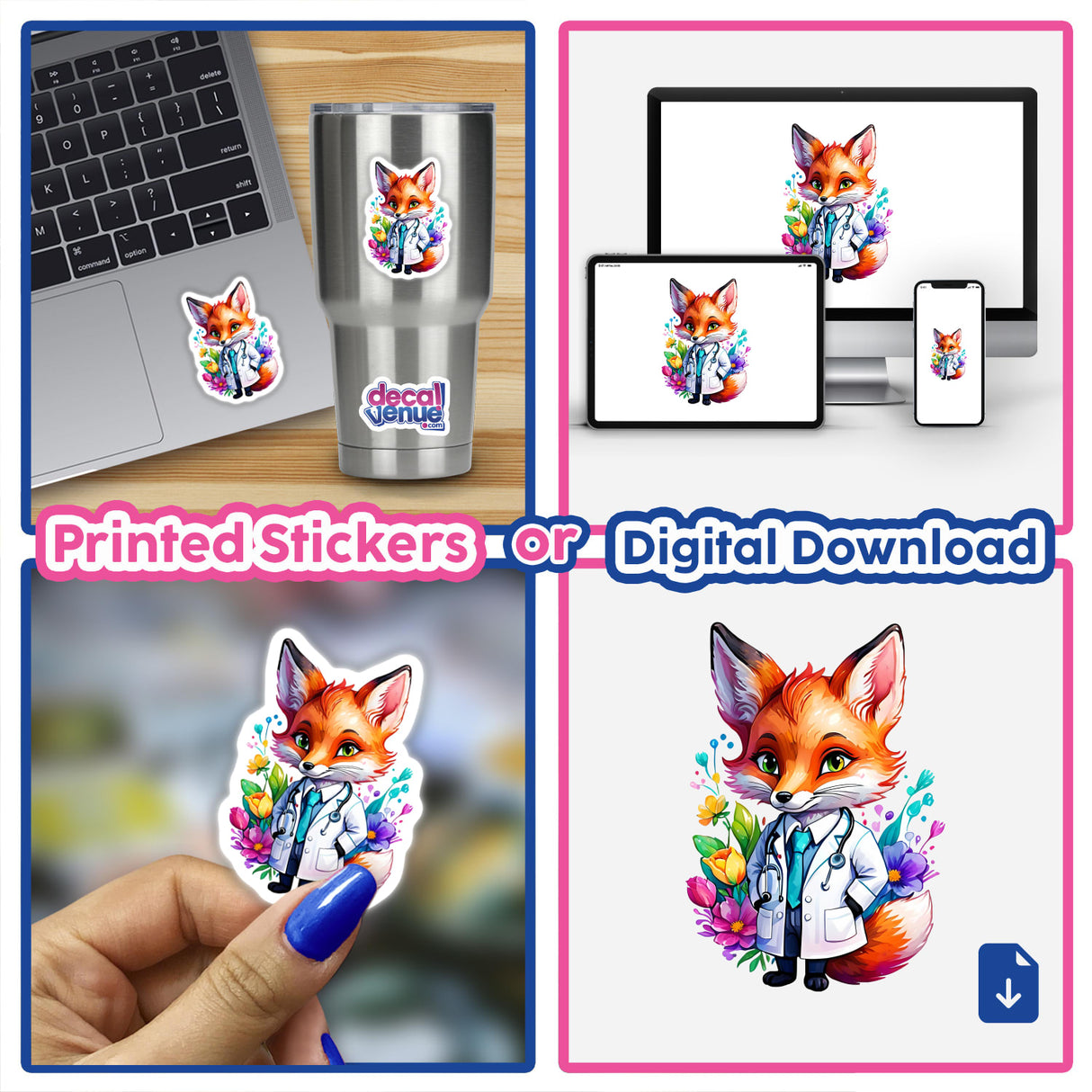 Foxy Physician: Cute Fox Doctor stickers and digital artwork, featuring a cartoon fox in a white coat with a stethoscope, displayed on various items like a laptop and cup.