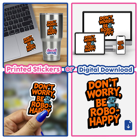 Don't Worry Be Robo-Happy Funny Quote sticker displayed on a laptop, featuring a cartoon robot with text. Ideal for personalization, available as stickers or digital artwork from Decal Venue.