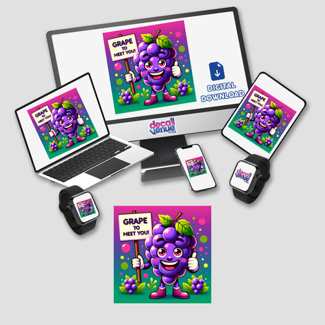 Grape To Meet You: A cartoon grape character displayed across multiple devices, available as stickers or digital artwork, showcasing its versatility in digital and print formats.