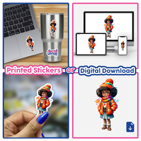 Cozy Winter Sticker featuring Afro Girl in Orange Knit Hat & Scarf. The collage shows various illustrations of the girl in different settings, emphasizing her stylish winter attire. Available as stickers or digital artwork.