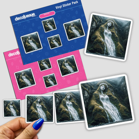 Hand holding a sticker pack titled Mountain Lady, depicting a woman with water flowing from her dress. Available as stickers or digital artwork.