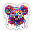 Psychedelic Neon Drip Koala - Vibrant Colorful Australian Animal depicted with dripping paint, available as stickers or digital artwork, showcasing a cartoon-style koala with vivid expressions and features.