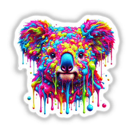 Psychedelic Neon Drip Koala - Vibrant Colorful Australian Animal depicted with dripping paint, available as stickers or digital artwork, showcasing a cartoon-style koala with vivid expressions and features.