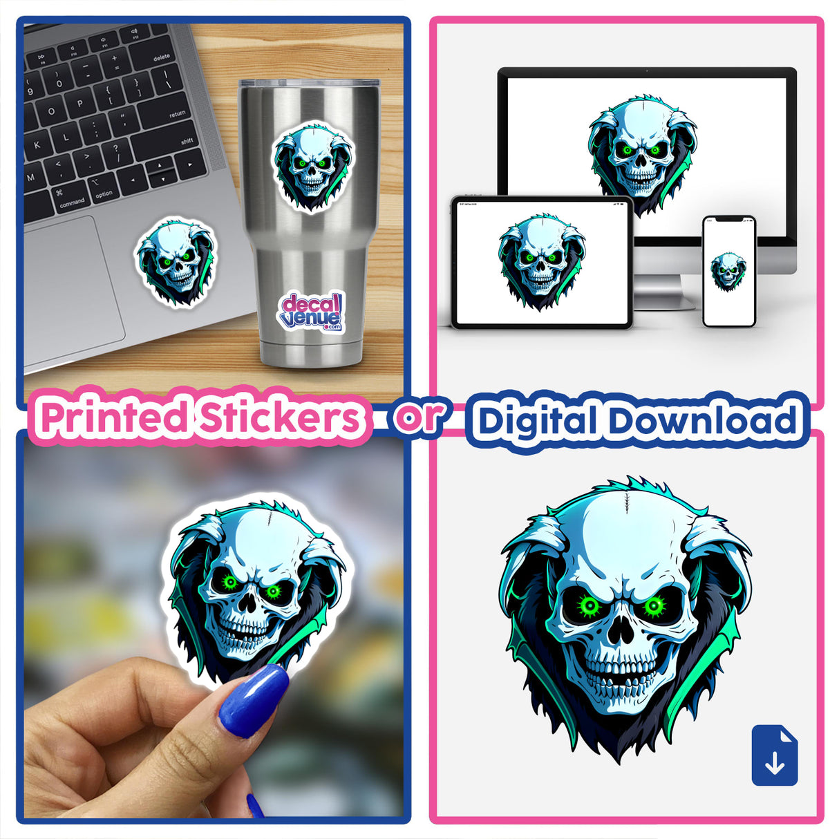 A collage featuring A Hybrid Human Dog Skull design as both stickers and digital artwork, displayed on a laptop and cup, highlighting Decal Venue's unique vinyl and digital art offerings.