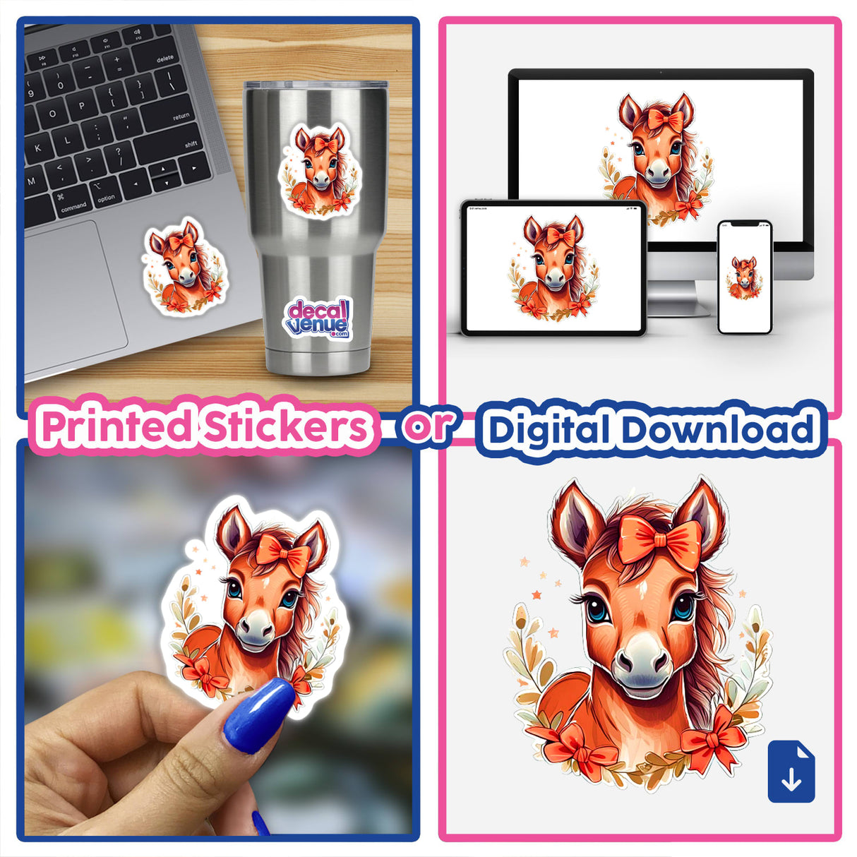 A collage featuring the product title Foal with images of a cartoon horse with a bow, stickers on a laptop and cup, and a hand drawing a horse.