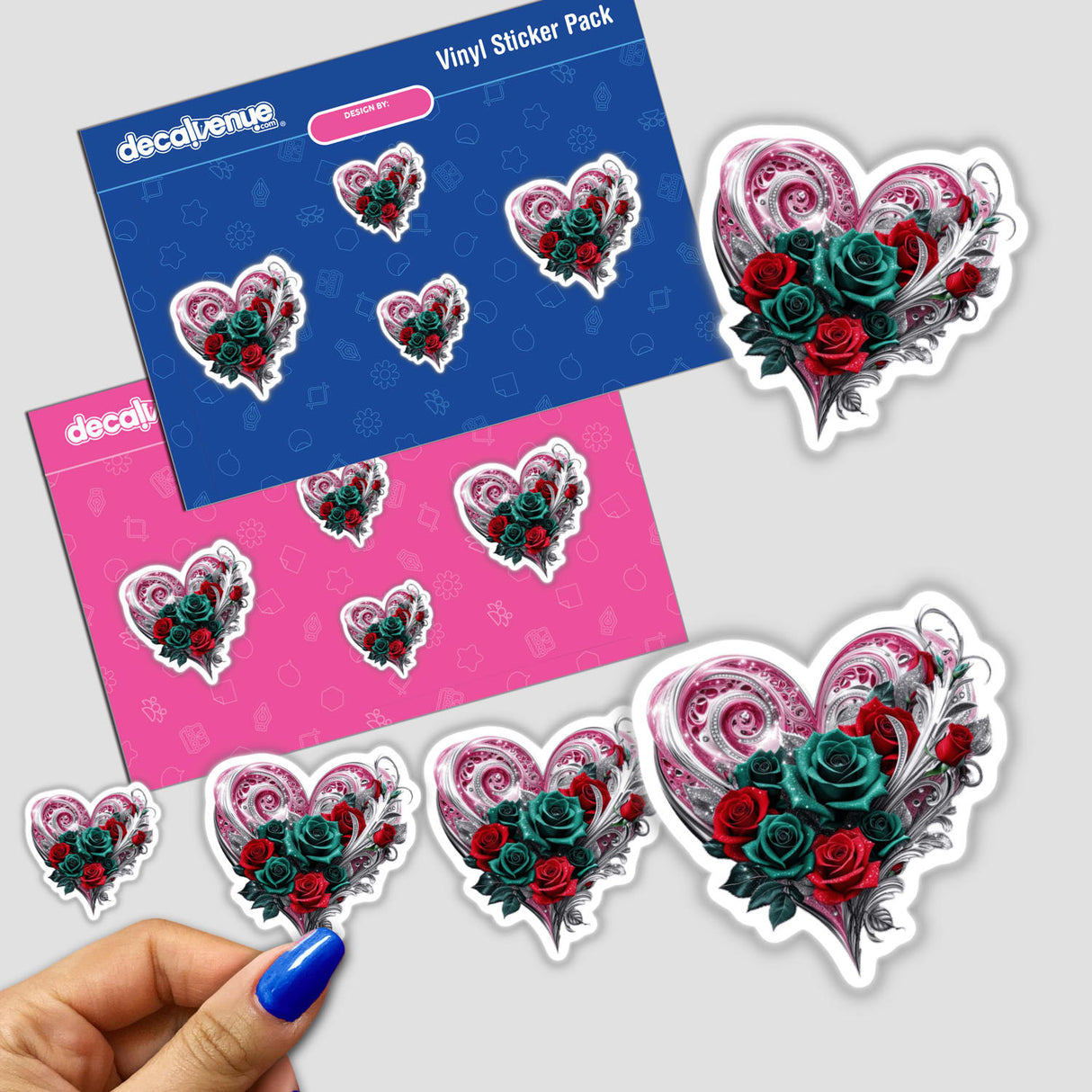 Pink Silver Heart sticker featuring red and green roses, showcasing intricate floral details. Part of Decal Venue's unique vinyl sticker collection, available as both physical stickers and digital artwork.