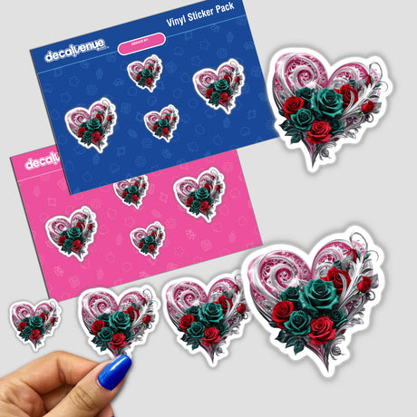 Pink Silver Heart sticker featuring red and green roses, showcasing intricate floral details. Part of Decal Venue's unique vinyl sticker collection, available as both physical stickers and digital artwork.