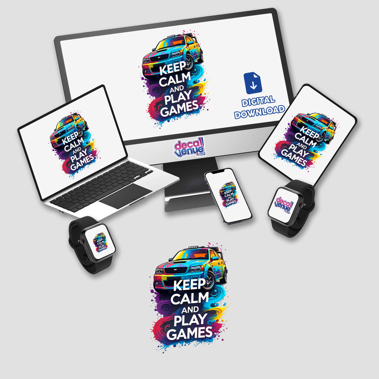 Keep Calm And Play Games Gaming Quote displayed on a laptop and monitor, available as stickers or digital artwork, featuring vibrant designs of a car with paint splashes.