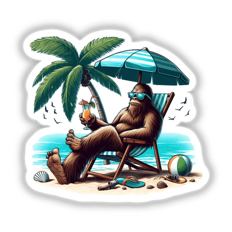 Sasquatch Sitting on Beach with Drink cartoon, featuring a gorilla lounging under a palm tree with a beverage, available as unique stickers or digital artwork from Decal Venue.