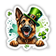 Happy St Patricks Day Irish German Shepherd wearing a green hat with a shamrock. Available as stickers or digital artwork from Decal Venue, specializing in unique designs.