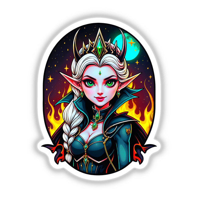 Evil Queen Anime Girl sticker featuring a cartoon woman with a crown and long hair, adorned with earrings and green eyes, available as unique vinyl stickers or digital artwork.