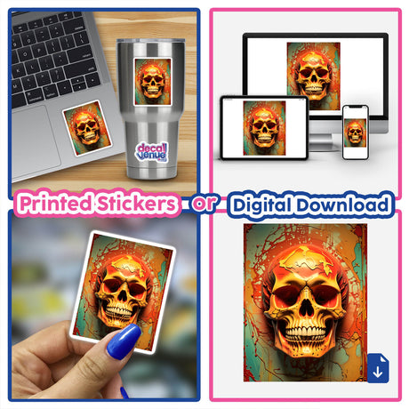 Abstract 3D Skull Art collage featuring a laptop adorned with a skull sticker and a hand displaying a skull image, emphasizing the unique digital artwork and sticker offerings from Decal Venue.