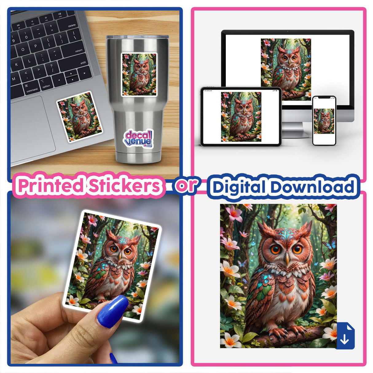 A Lovely Owl With Blooming Flowers depicted as a vibrant collage, featuring an owl on a laptop screen and in sticker form, highlighting its detailed design for stickers or digital artwork.