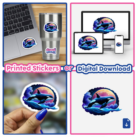 A Cute Magical Orca sticker displayed on a laptop, featuring an orca leaping from water, capturing a whimsical essence. Available as stickers or digital artwork from Decal Venue.